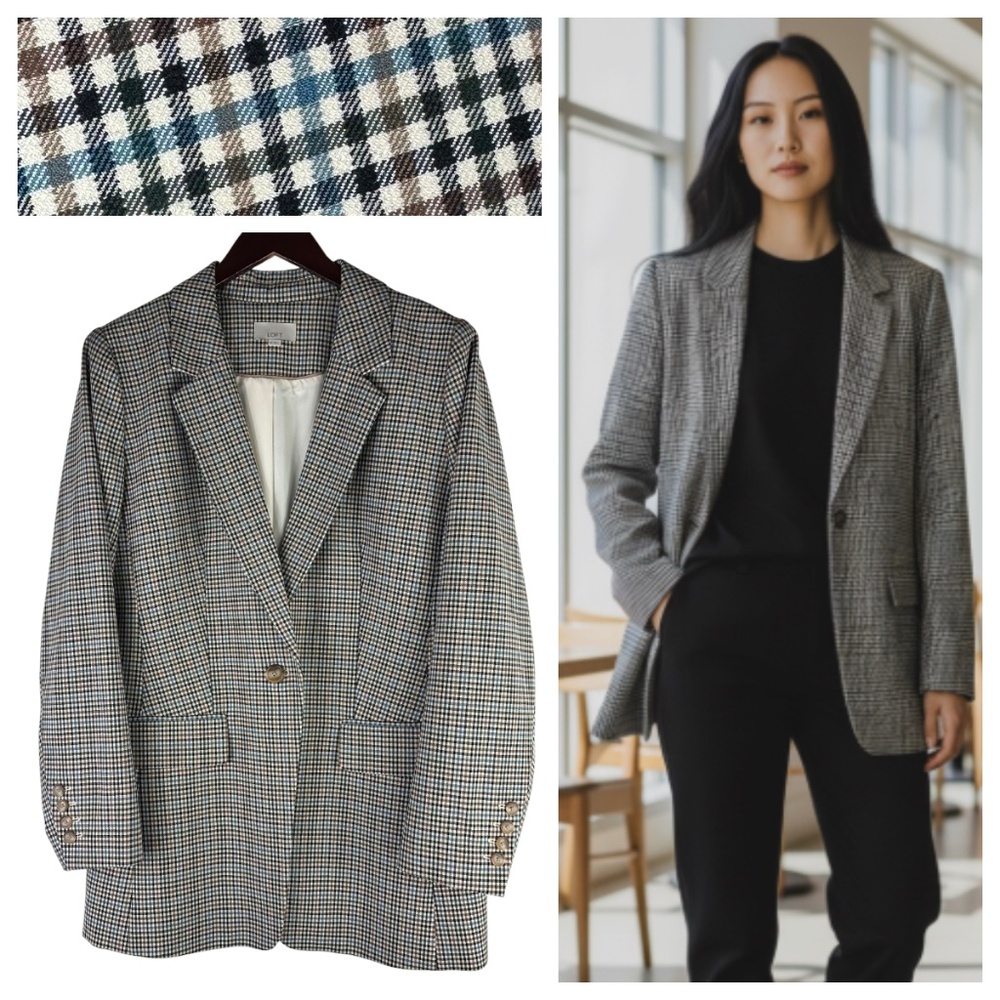 Ann Taylor LOFT Long Blazer Jacket Coat Sz 12 Large Plaid Gingham Black Blue Tan